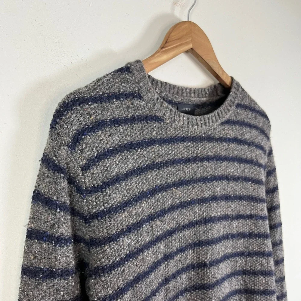 J. Crew Striped Knit Crewneck Wool Blend Donegal Sweater Navy Gray Mens Small